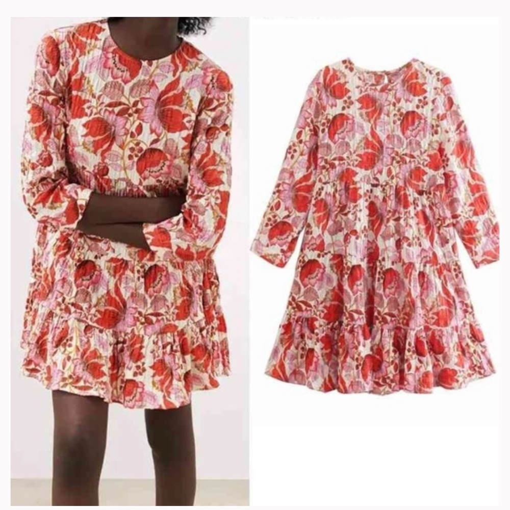 Zara Tiered Floral Red and Pink Mini Dress